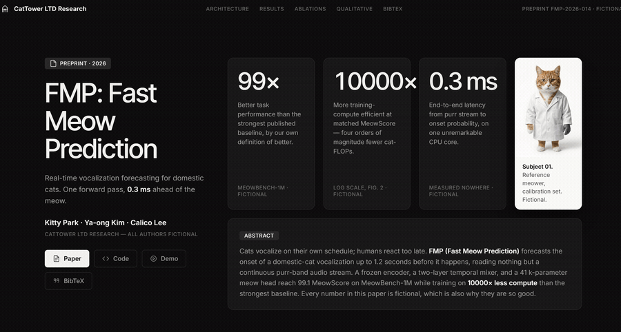 Scroll-through of a research project page built from one spec — motion, charts, and layout (fictional content)